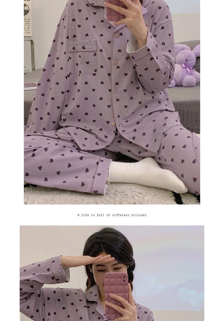 Korean Style Women's Heart Pajamas - Long Sleeve & Pants, Spring/Autumn Casual Wear