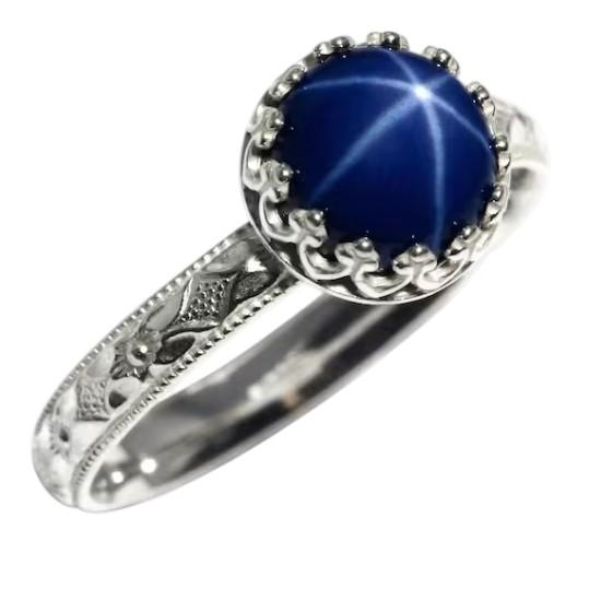 Blue Star Sapphire Ring Symmetrical Flower Crown - 8 mm Lab Created Gemstone, 925 Sterling Silver, Designer Ring For Her