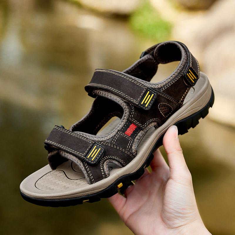 Fashion Genuine Leather Men's Sandals Outdoor Sports Beach Shoes Non-Slip Roman Sandals Cool Open Toe Flats Quick Dry Wading Aqua Shoes