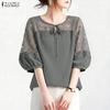 ZANZEA Blusa casual da donna con scollo rotondo, manica a metà, patchwork in pizzo traforato