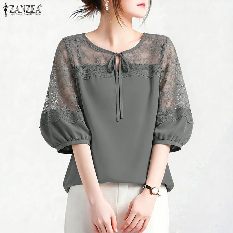 ZANZEA Blusa casual da donna con scollo rotondo, manica a metà, patchwork in pizzo traforato