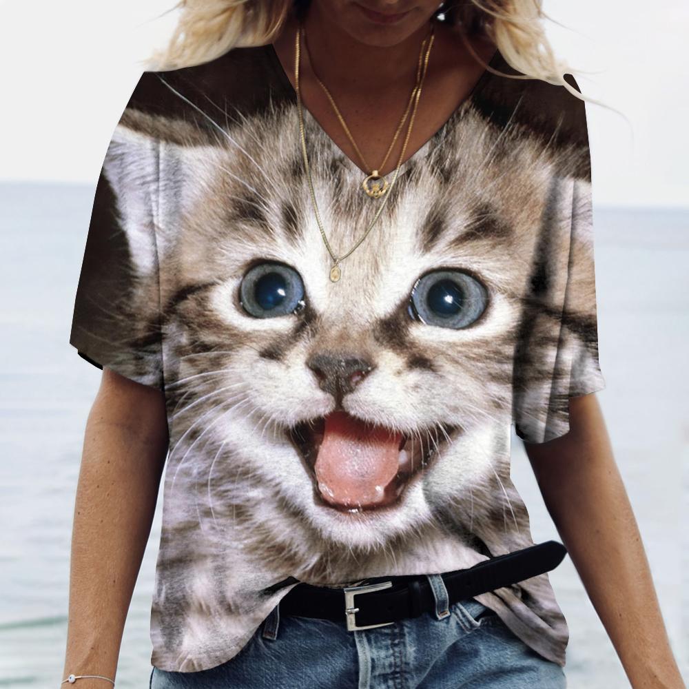 Mode Dier Kat 3D Print T-shirt Dames T-shirt V-hals Oversized Dames Tee Tops Zomer Streetwear Harajuku Y2k Kleding