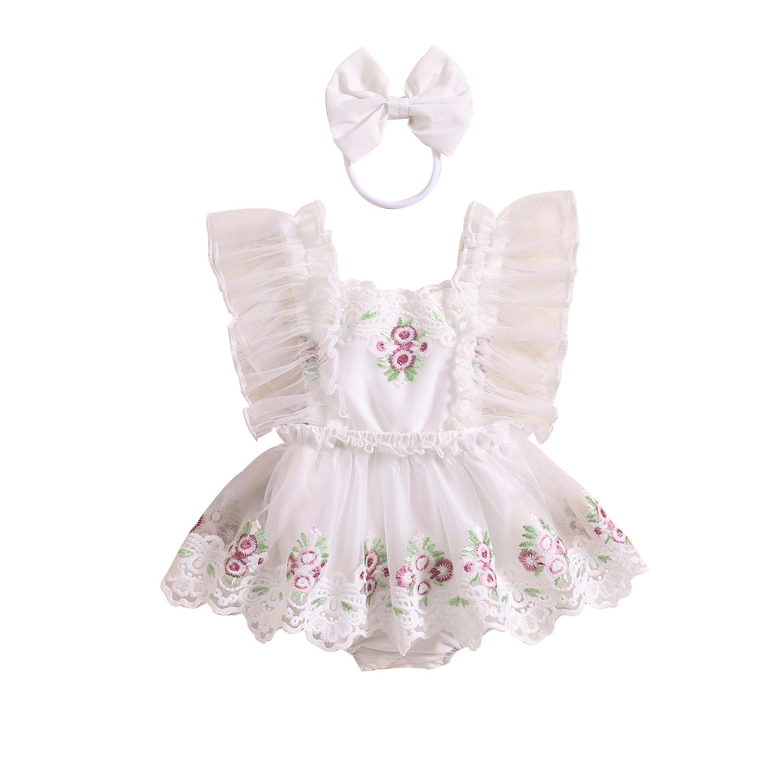 

Летний комплект из 2 предметов для маленьких девочек, комбинезон с цветочной вышивкой и рукавами-крылышками, платье с кружевной отделкой + повязка на голову с 3D бантом, наряды для малышей 6-12 Months белый