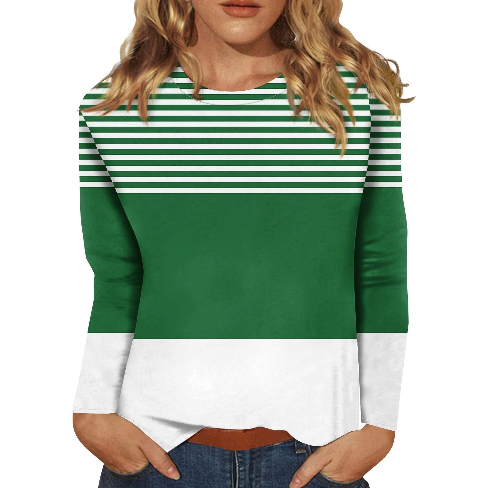 

Женский модный повседневный топ с длинными рукавами в полоску с принтом и круглым вырезом Топ с длинными рукавами L армия зеленый