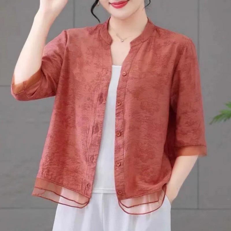 

2024 Блузка кэжуал с V-образным вырезом и рукавом средней длины, больших размеров, для похудения, для мам 2XL