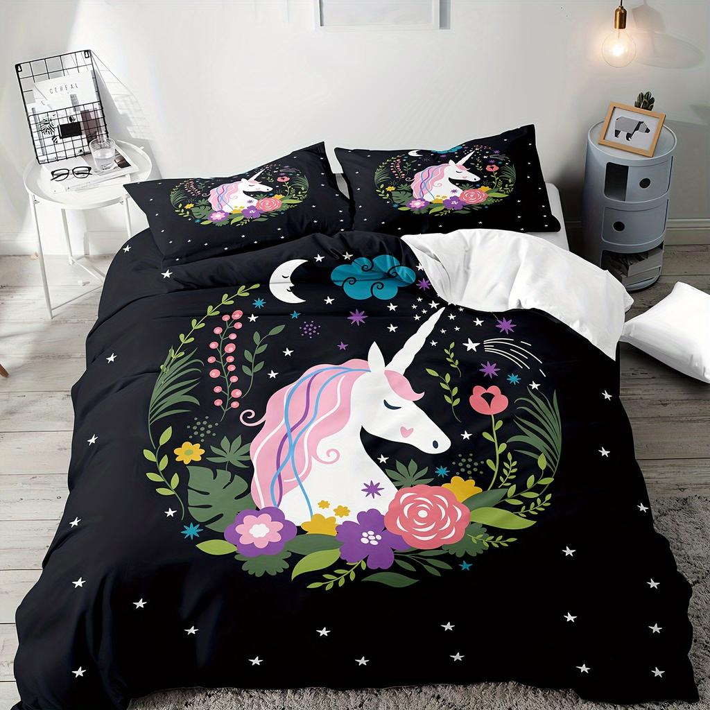 Modern Minimalist Night Sky Unicorn Duvet Cover Set - Soft Polyester, Washable, All-Season Comforter with Vibrant Starry Design