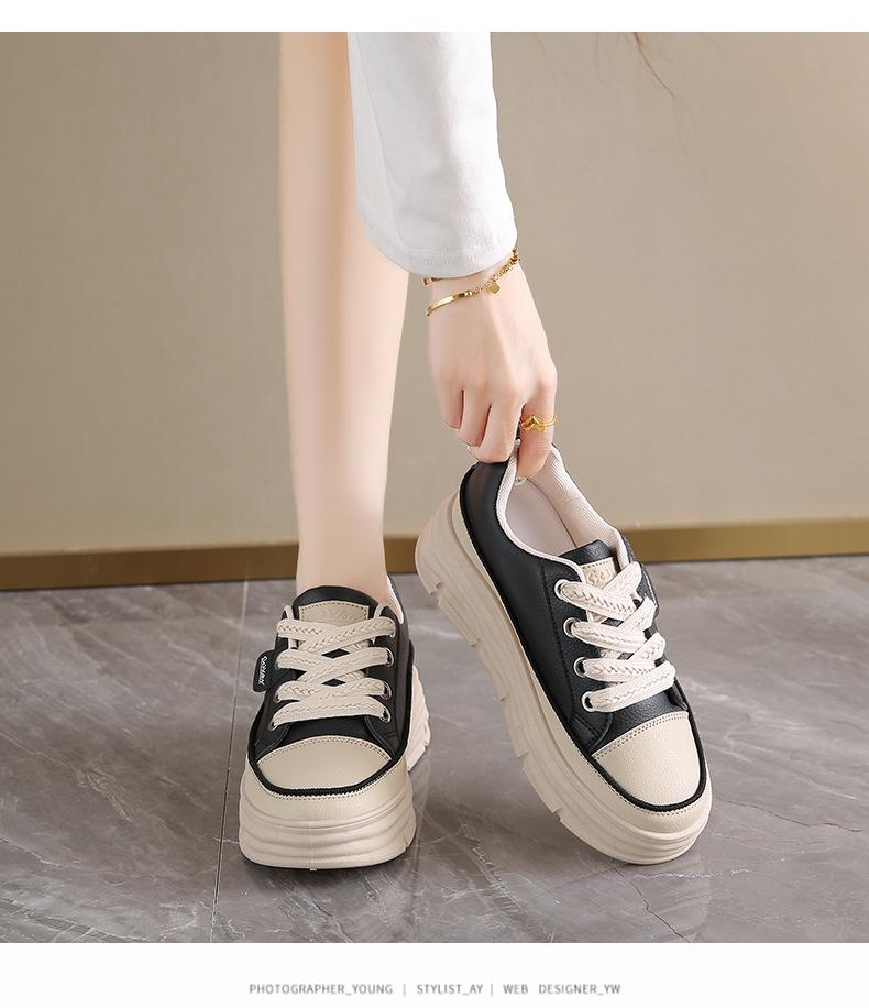 W3616 Autumn 2024 White Thick-Soled Board Shoes – Durable, Height-Enhancing, Solid Color and Trendy Casual Footwear for Students