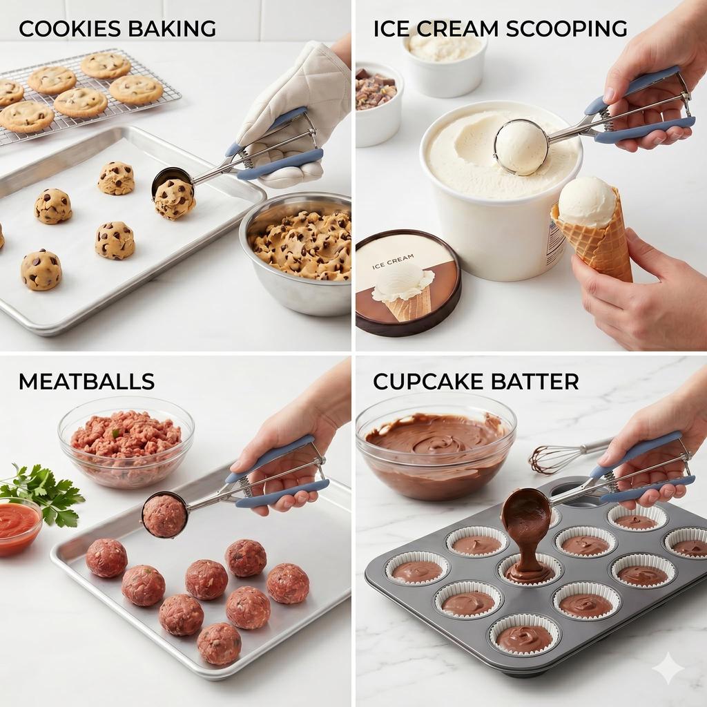 Cookie Scoop: 18/8 Stainless Steel 1 Tablespoon Portion Scooper for Baking - Spring-Loaded Trigger Release Ice Cream Scoop with Non-Slip Rubber Grip