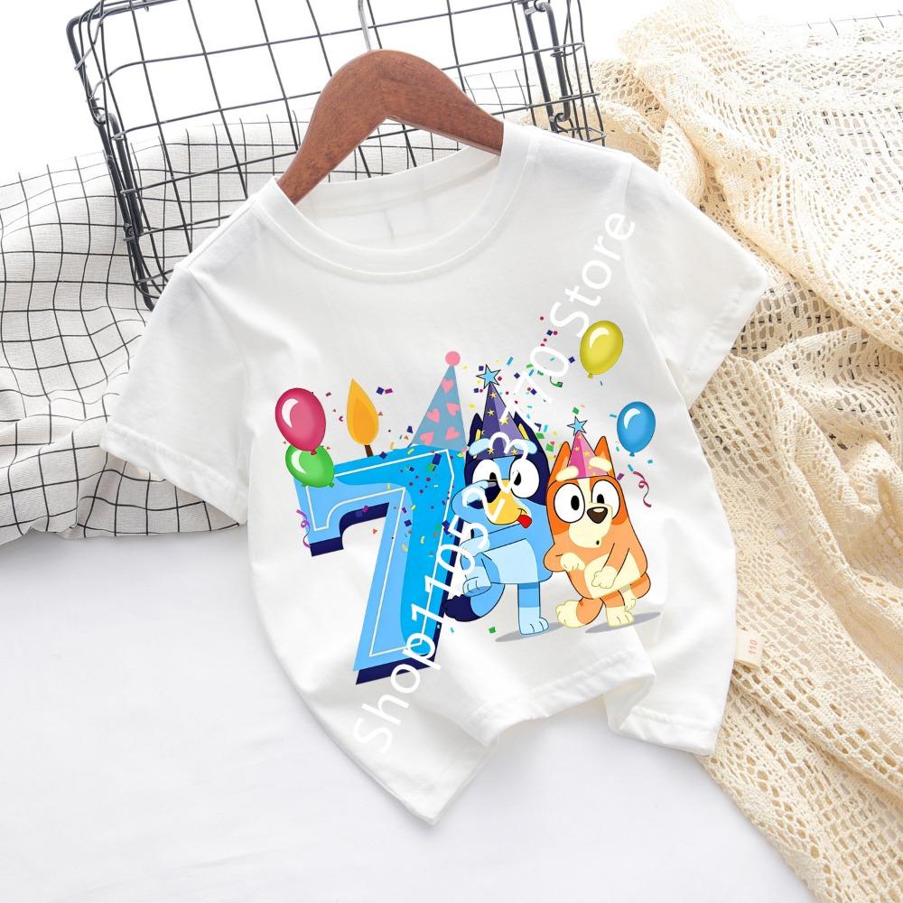 Bluey Baby Birthday T Shirt for Boys Girl Bingo Number Kids Clothes Summer Cartoon Letter Tees Shirts Toddler Short Sleeve Tops