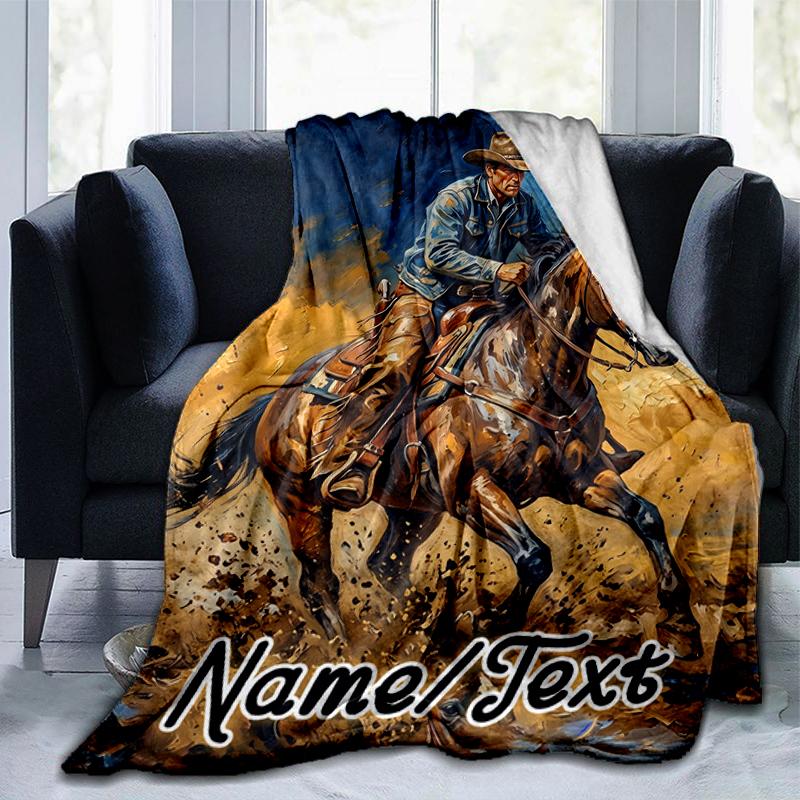 1PC Custom Name Rider Horse Adventure Flannel Blanket Versatile,all-season Throw Suitable for the Living Room,bedroom,camping,travel,and Gift
