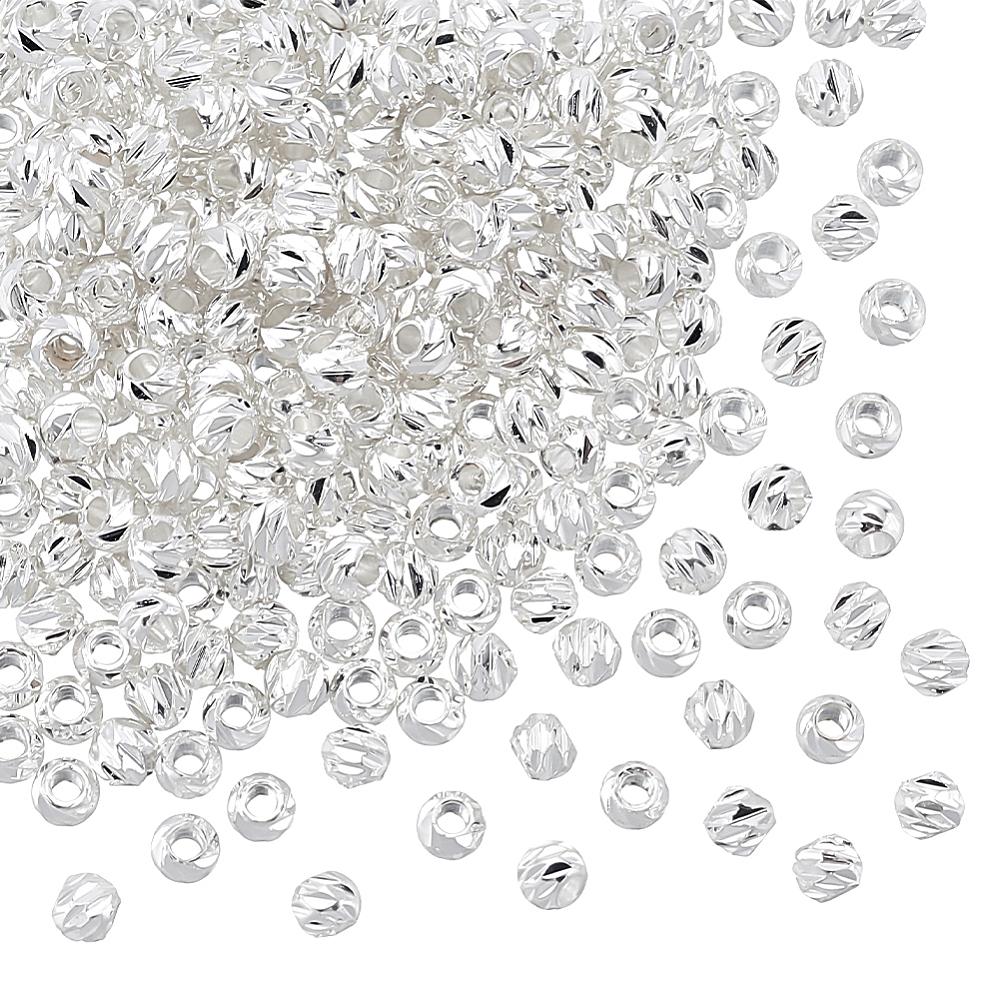 250Pcs Corrugated Brass Beads, Long-Lasting Plated, Spiral Round, Nickel Free, 925 Sterling Silver Plated, 3x2.5mm, Hole: 1.2mm