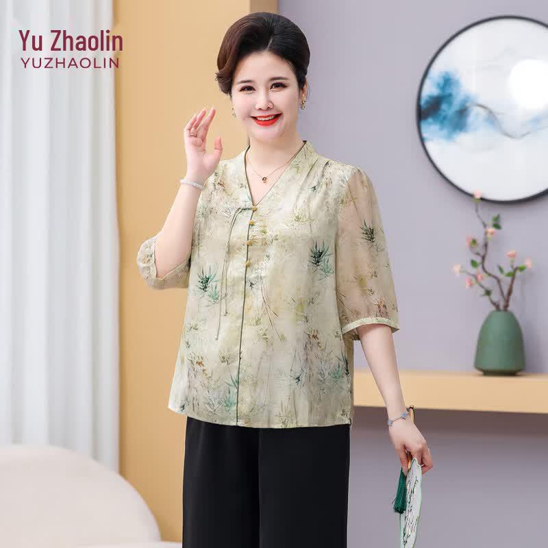 YUZHAOLIN Women s Plus Size Chinese Style Summer Blouse & T-Shirt Set 6XL