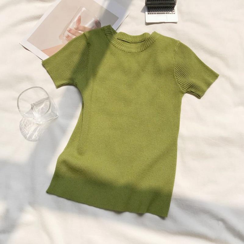 Dámské módní tričko s O výstřihem, jednobarevné, letní, ležérní top s krátkým rukávem, korejský styl, slim, pletené tričko femme