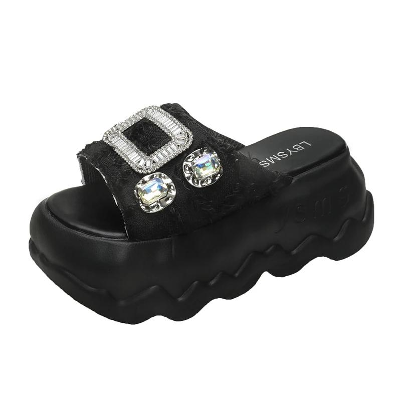 

Модные 8-сантиметровые платформенные балетки с открытым носком, женские сандалии, кожаные шлепанцы, богемные блестящие хрустальные платформенные туфли-клинья, слипоны, вьетнамки, модные 39 чёрный