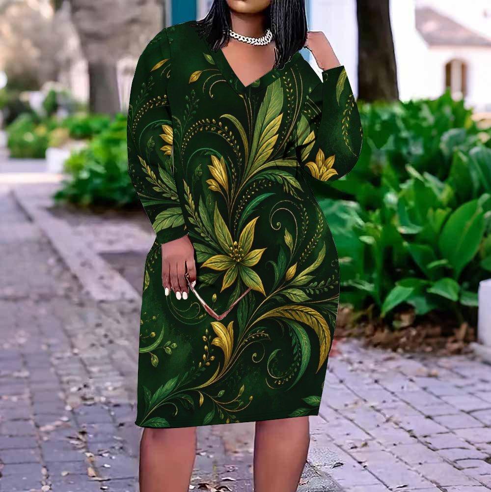 Women Plus Size V Neck Long Sleeve Floral Printed Dark Green Fitted Dress