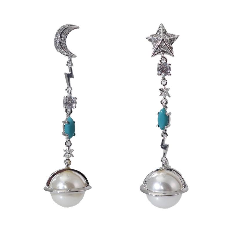 Moon Pentagram Earrings Long Tassel Design Sense High-End Earrings Fashion Personality Pearl Earrings