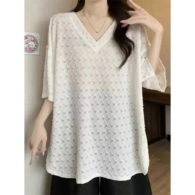 Mid-length Style V-neck T-shirt Loose Casual and Versatile Short-sleeved Top