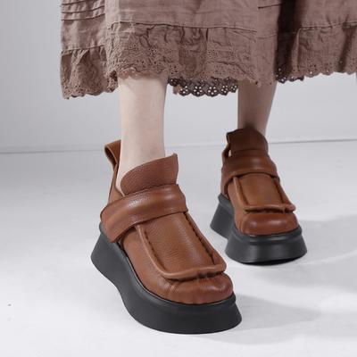 Genuine Leather Thick Soled Short Boots Retro Comfortable Women's Flat Platform Shoes