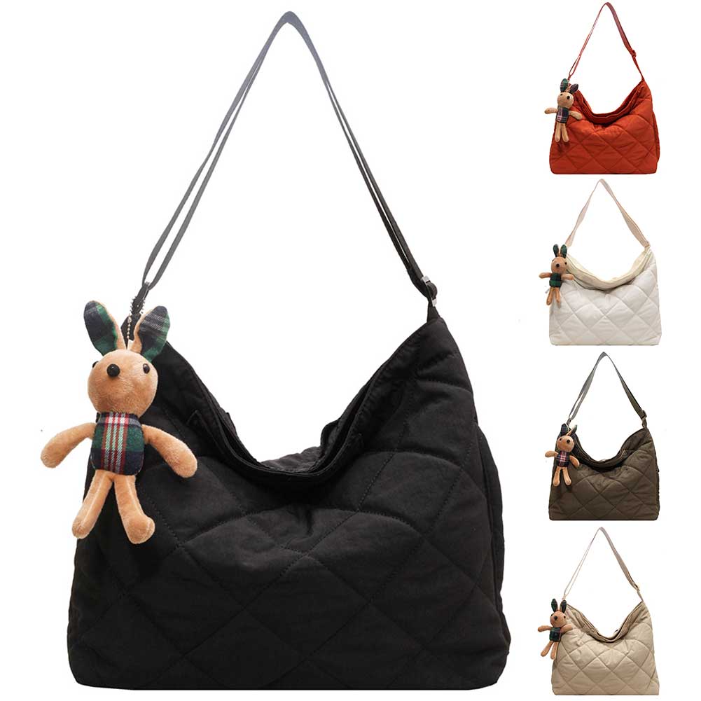 Women Quilted Tote Bag with Pendant Puffy Crossbody Bag Large Capacity Satchel Sling Bag Padded Shoulder Bag Daily Dating Bag