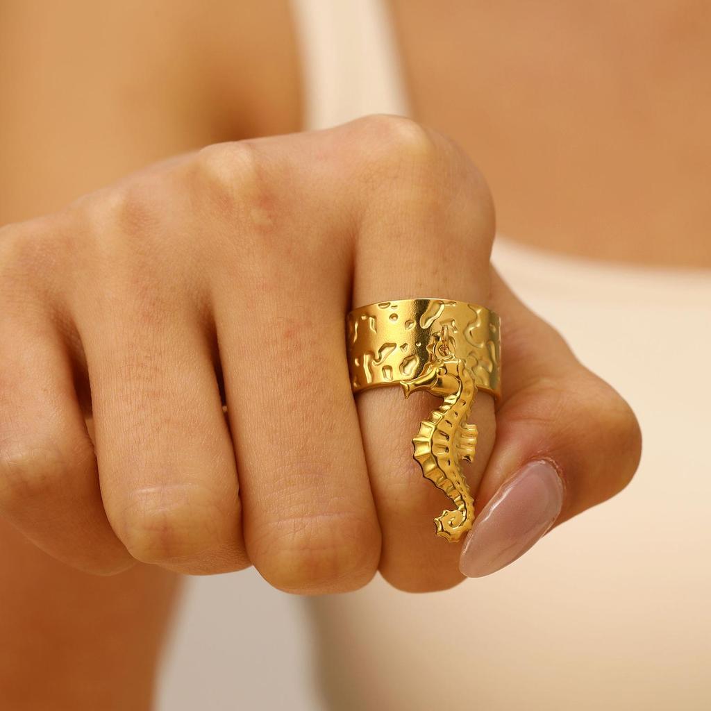 Stainless Steel Starfish & Seashell Open Ring - Ocean Holiday Style Jewelry for Women