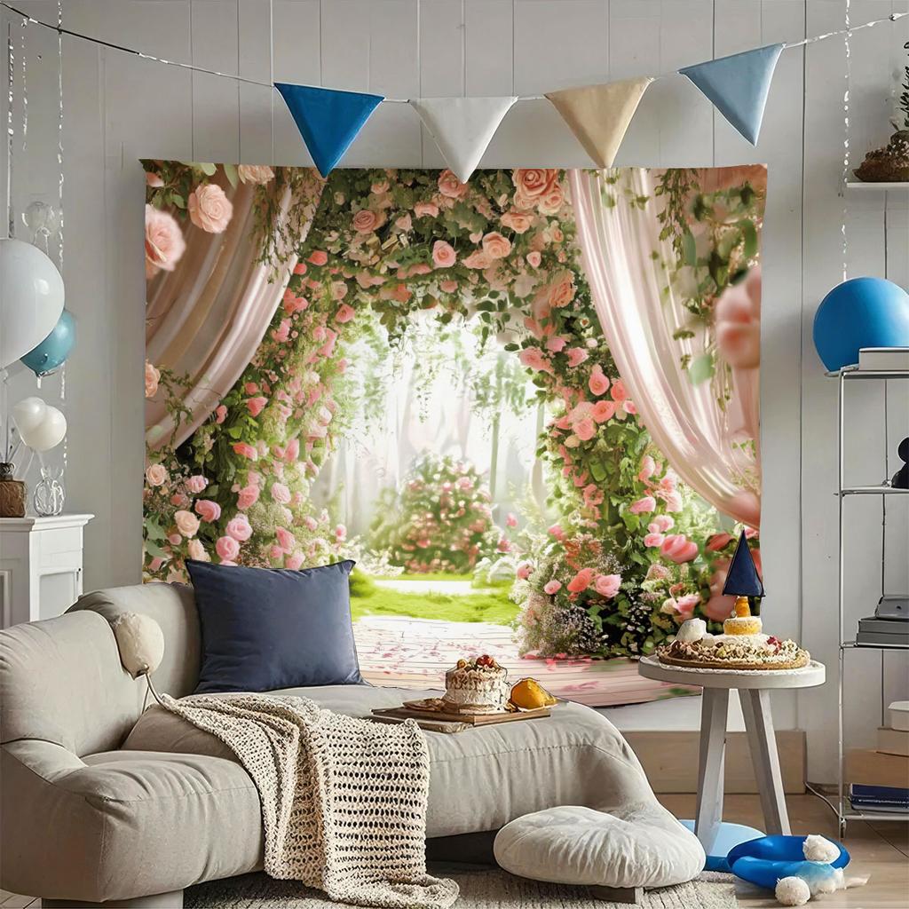 1 Pink Beautiful Romantic Rose Garden Print Tapestry Living Room Wall Decoration Background Cloth Machine Washable Space Pendant
