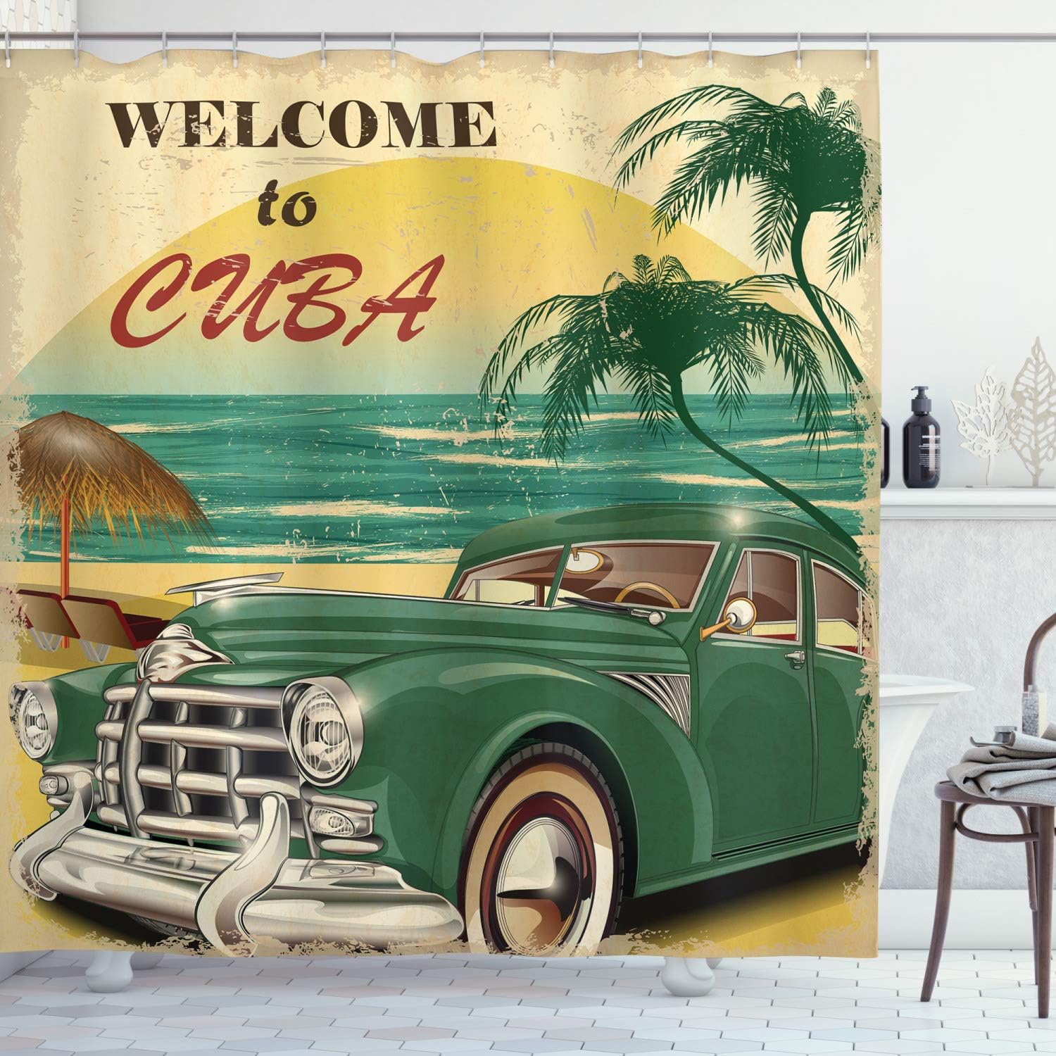 

Vintage Car Shower Curtain,Nostalgic Car Garage Service And Repair Store Phrase Dated Faded Waterproof Fabric Bathroom Curtain W60H190(CM)-1 Pcs