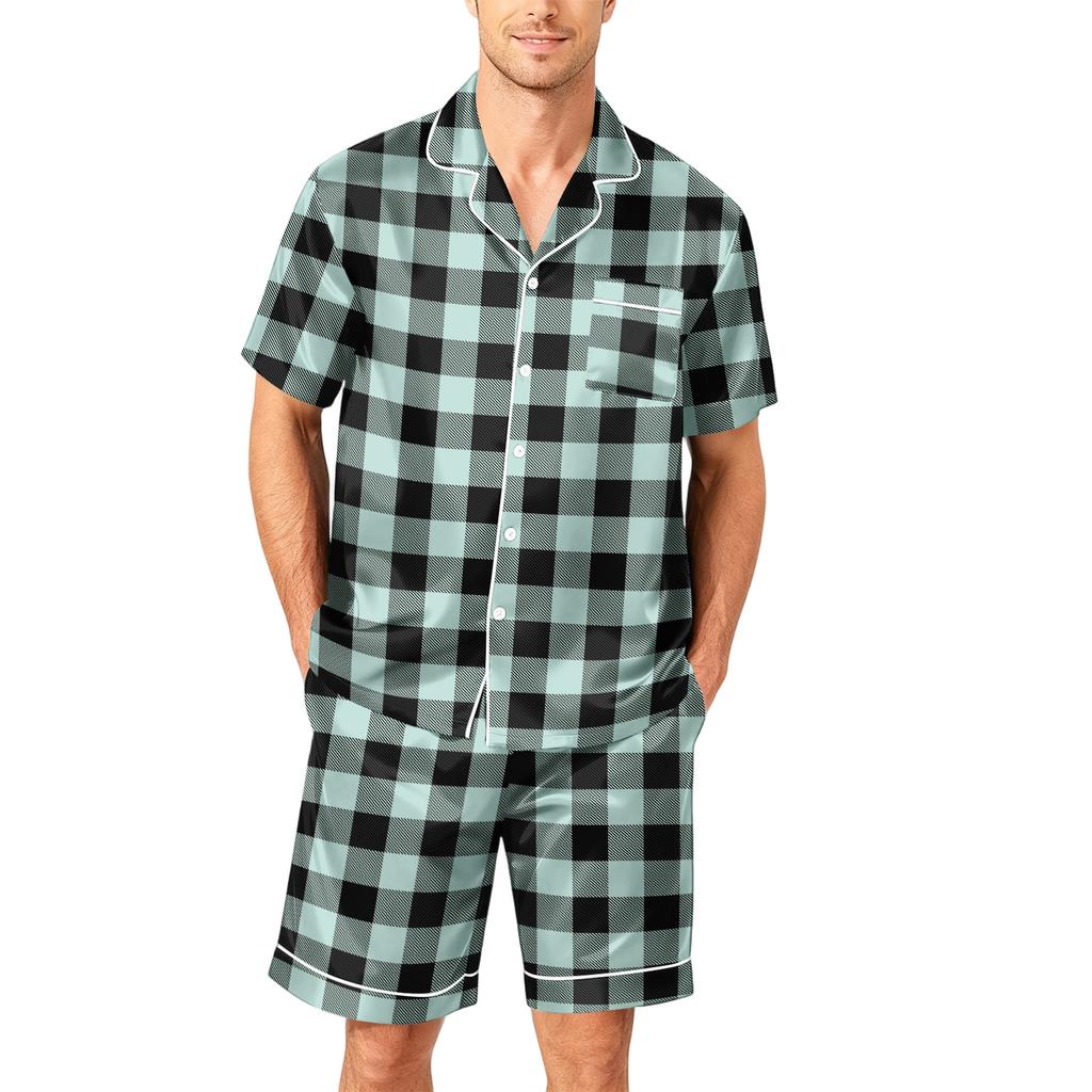 Men's Short Sleeve Button Down Pajama Set with Hemmed Shorts Soft Casual Sleepwear Lounge Set Available In Sizes S To XXXXL