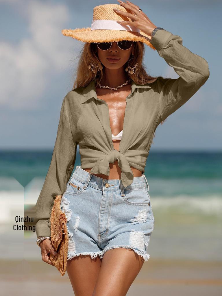 Women's Summer Beach Long Sleeve Cover-Up Cardigan Bikini Top