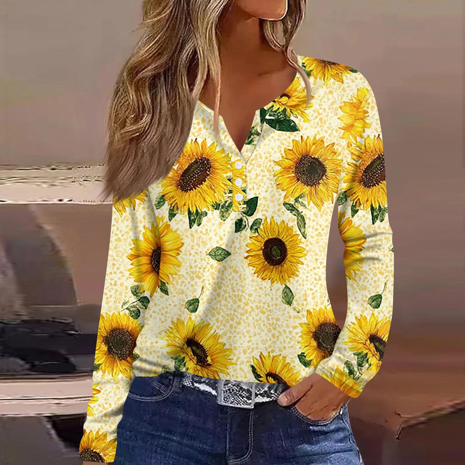 

Women s Fashion Casual Floral Print V Neck Long Sleeved Button Up T Shirt Top Long Sleeved Top XL жёлтый