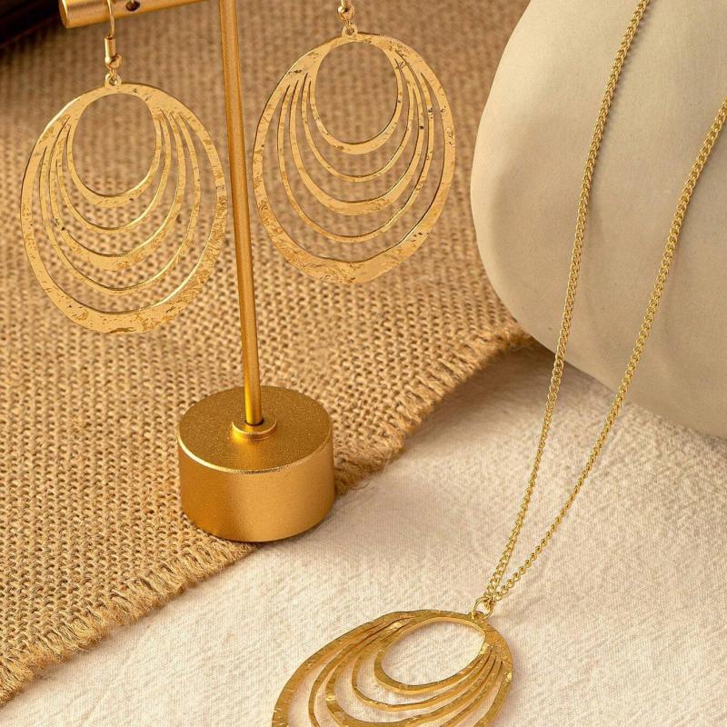 Necklace And Earring Sets For Women, Gold Chunky Charm Necklaces Three Layer Circle Pendant Bohemian Jewelry Metallic Style Gift