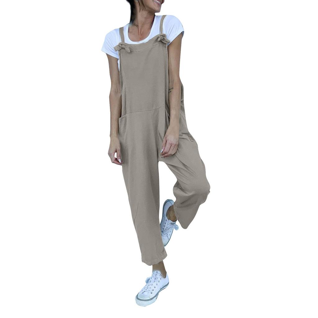 Women's Loose High Waist Pocket Fashion Color Cotton Linen Suspender Jumpsuit