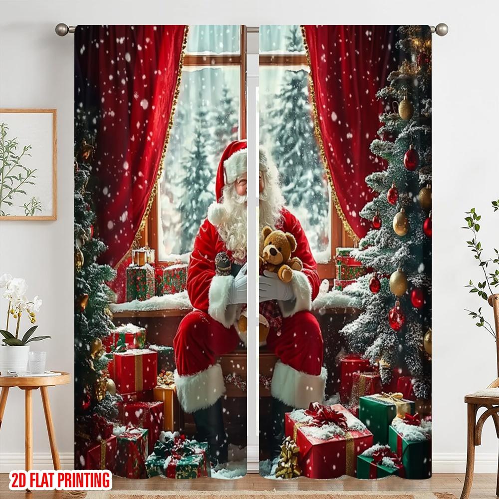 2 buc, Imprimare plană 2D Perdele contemporane Moș Crăciun5 (3) 100% poliester (fără tijă) Cadouri pentru Living, Dormitor,