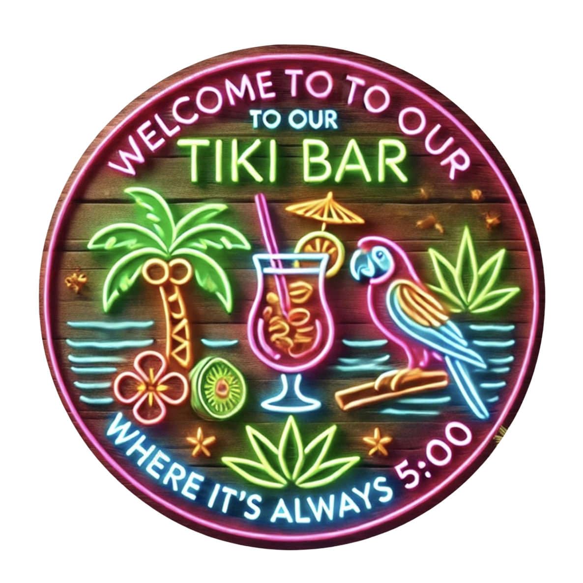 

ALOHAMONI Round Metal Sign Diner Route66 TIKI BAR Neon Pink