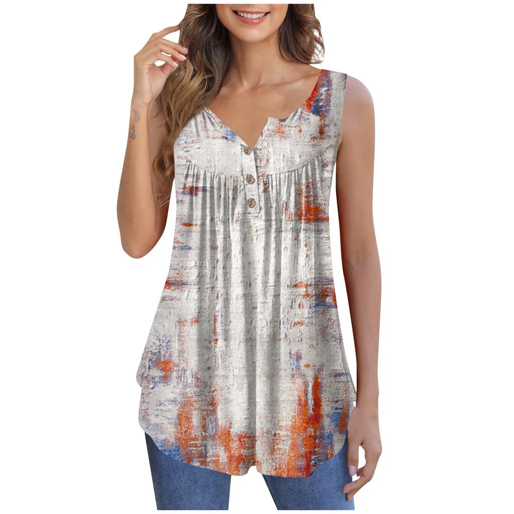 Women's Fashion Floral Printing Pleated Sleeveless Casual T-shirt Vest Button Top