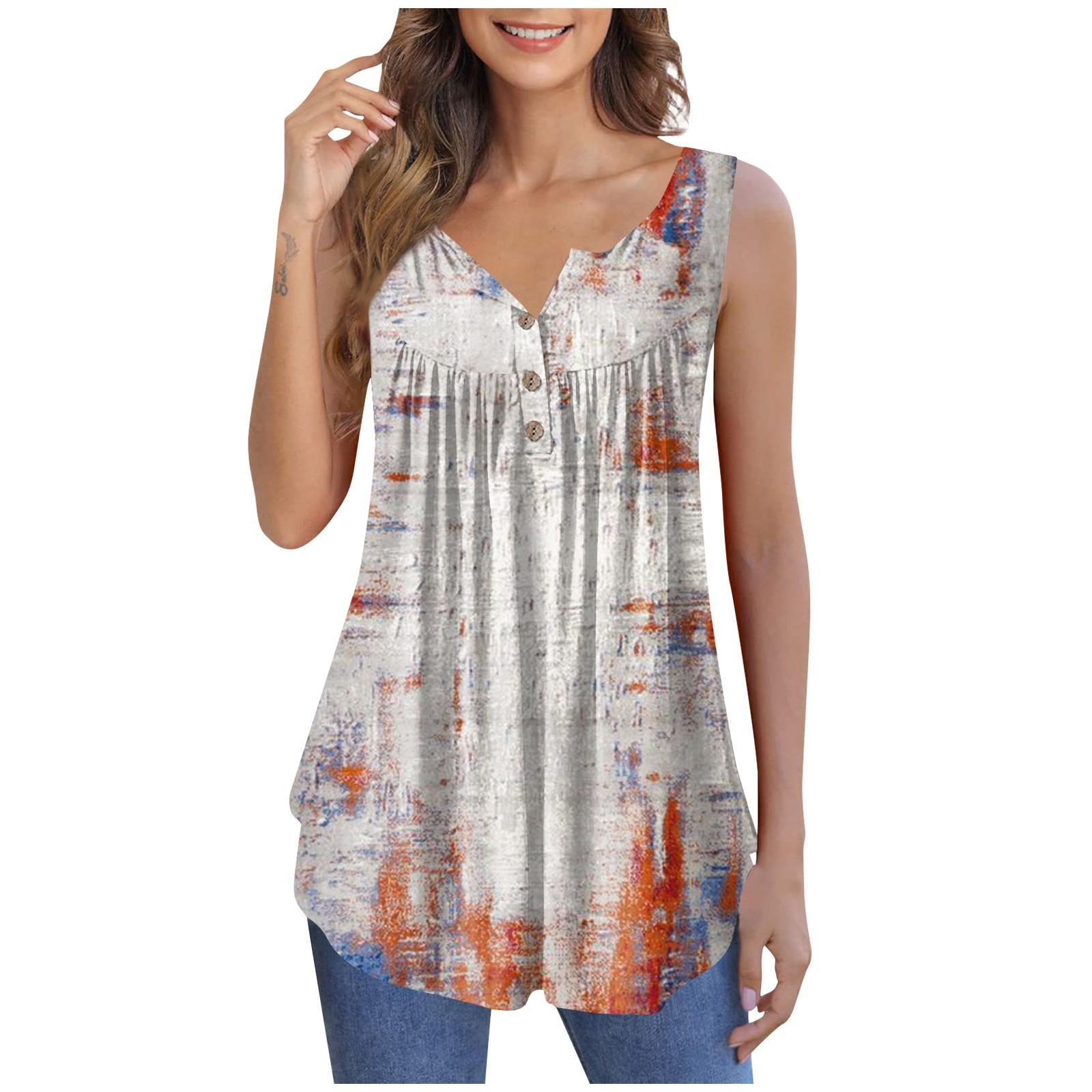 

Women s Fashion Floral Printing Pleated Sleeveless Casual T-shirt Vest Button Top XL білий