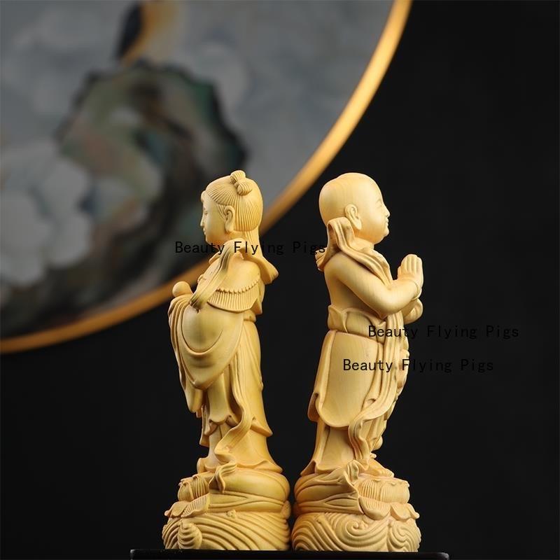 Golden Boy and Jade Girl Wooden Ornament Chinese Style Solid Wood Carved Ornaments Wooden Carving Crafts Home Decorations