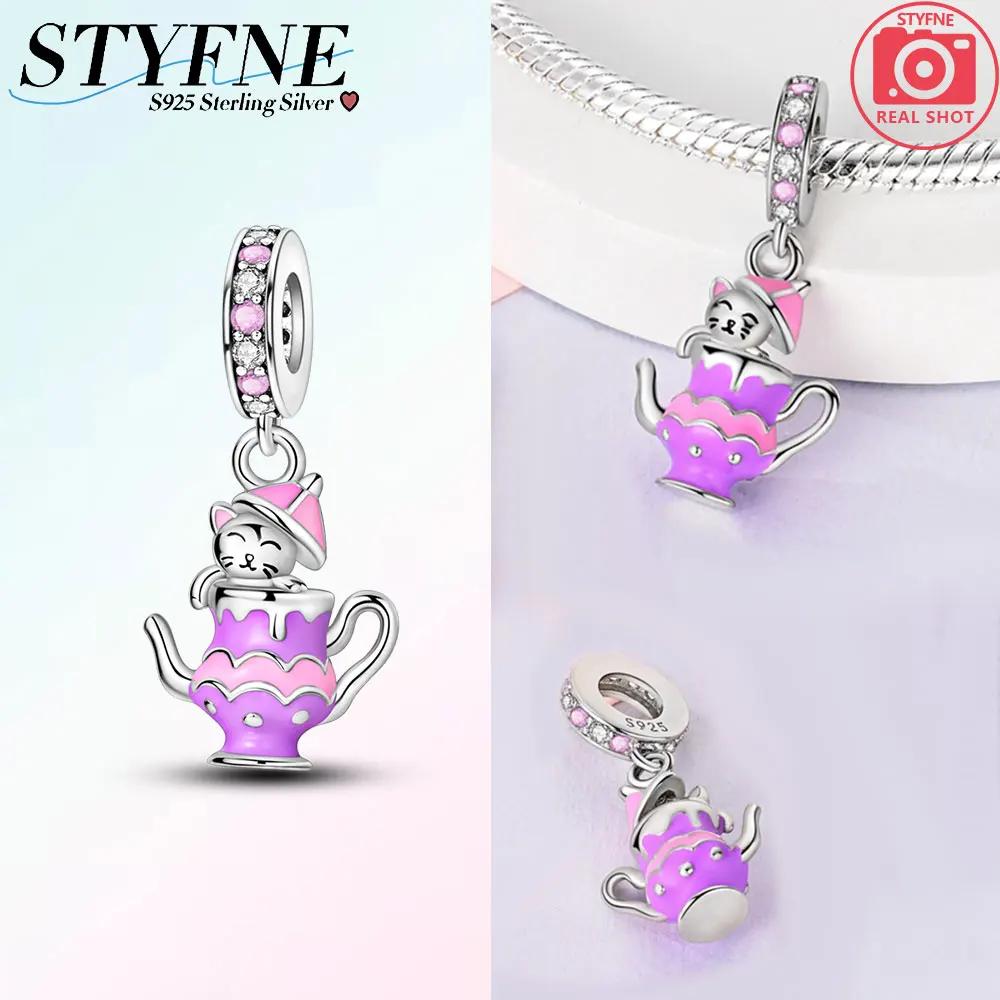 Шармы Coppercute Розовато-фиолетовый Кот Чайник Бусины Подходят для Шармов Plataoriginal Браслет Женские Изготовление украшений Подарки
