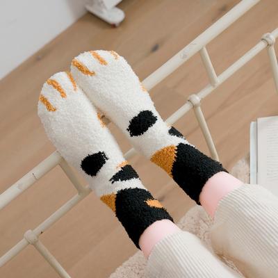 Jesienno-zimowe skarpetki damskie uroczy kot kreskówkowy łapa Kawaii skarpetki damskie koralowy polar termiczne kryty Homewear podłogowe skarpetki do spania prezent