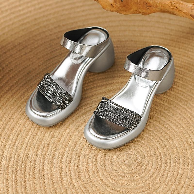 Stepping on shit soft leather rhinestone sandals women's 2025 new summer wear cool slippers thick-soled high heels one-word drag