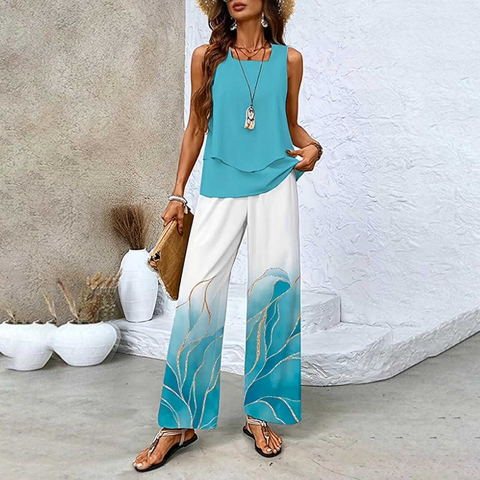 

Women s Two-piece Summer Loose Sleeveless Double-layer Vest Top, Casual Pants Vacation Set M циан