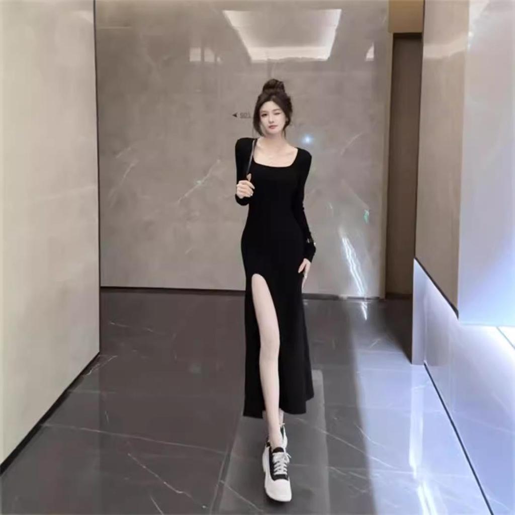 Elegant Long Slit Hepburn Black Dress for Autumn