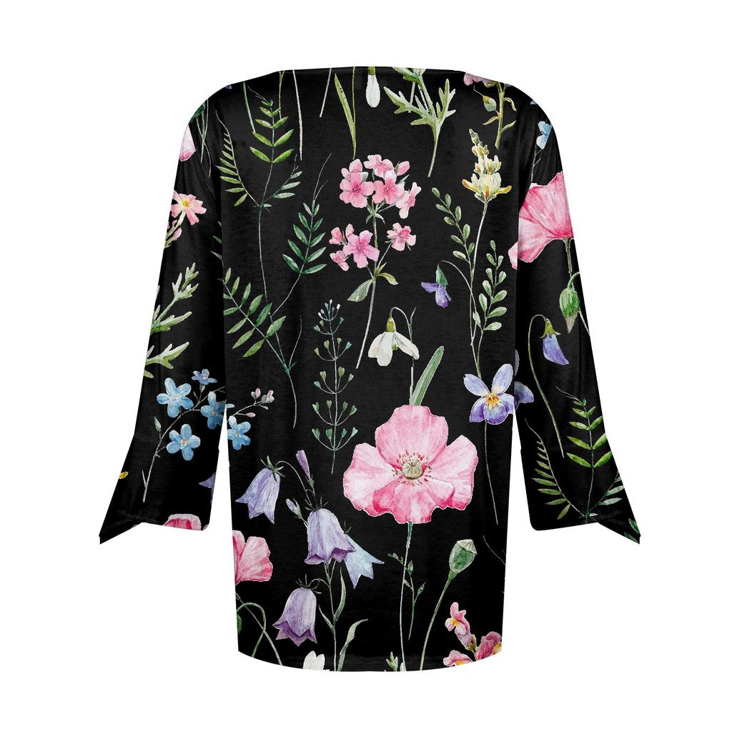 Women's Top Loose Casual V-neck Printed Blouses Bell 3/4 Sleeve T-shirt