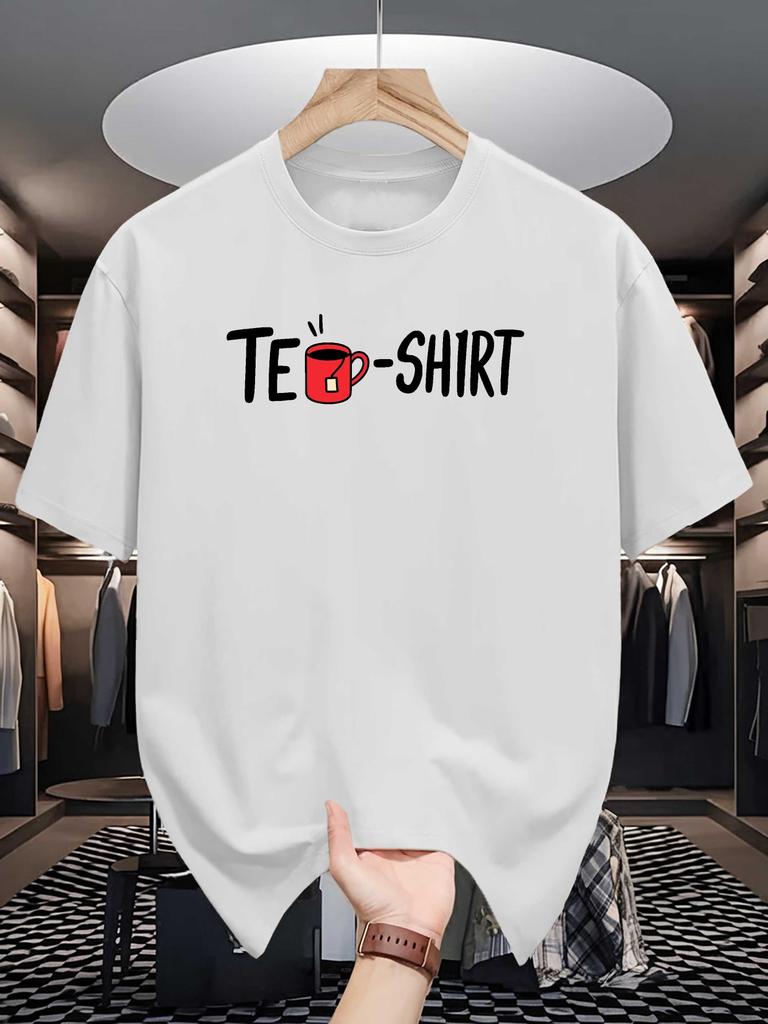 Te Shirt Pun Print Unisexs Crew Neck T Shirt Cartoon Red Tea Cup Letter Graphic Short Sleeve Casual Cotton Trendy Street Tees