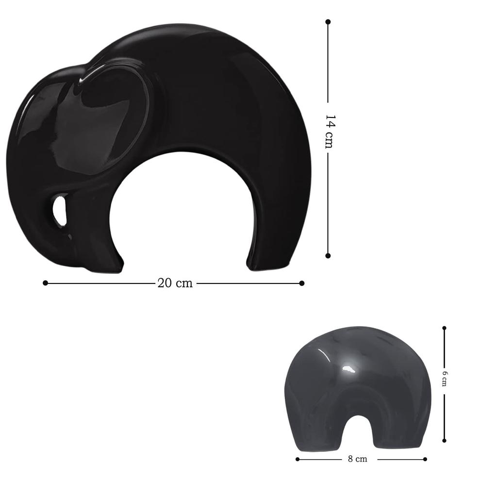 Home Décor Lucky Charm Elephant Mother & Child | Piano Finish Ceramic Figures - (Set of 2 Piece, Black and Grey)