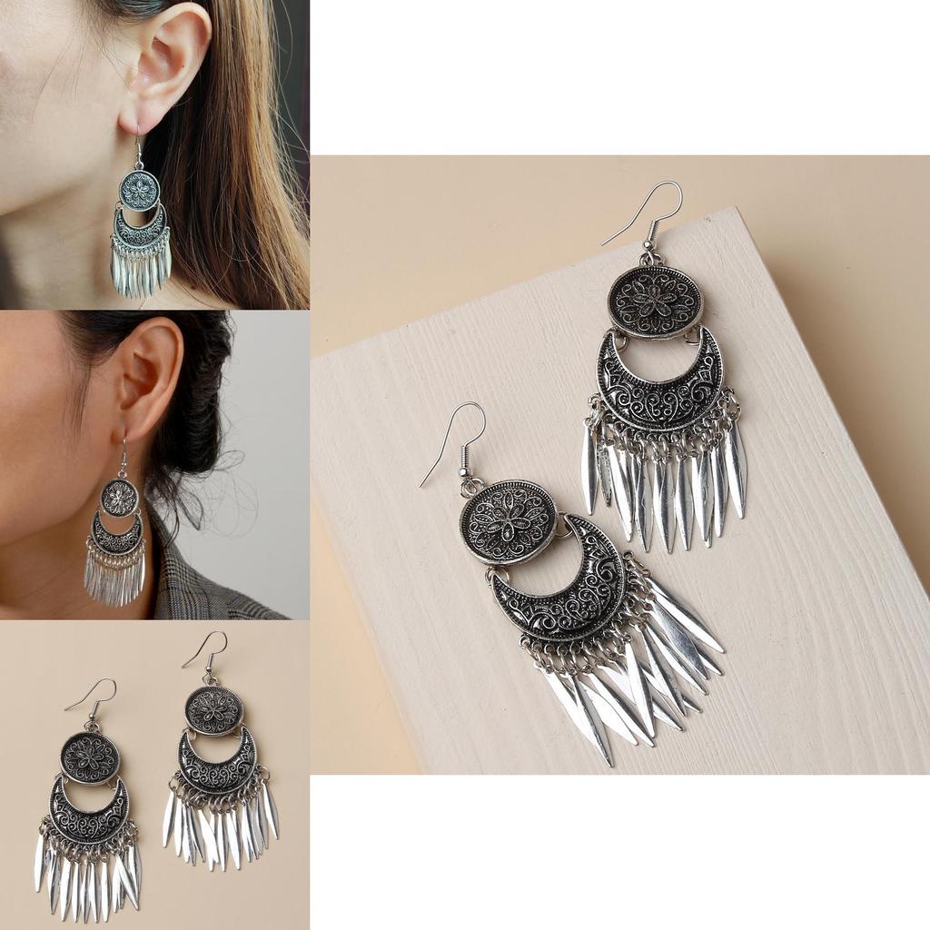 Vintage Alloy Long Drop Earrings With Silver Accents For Wedding And Festival Events