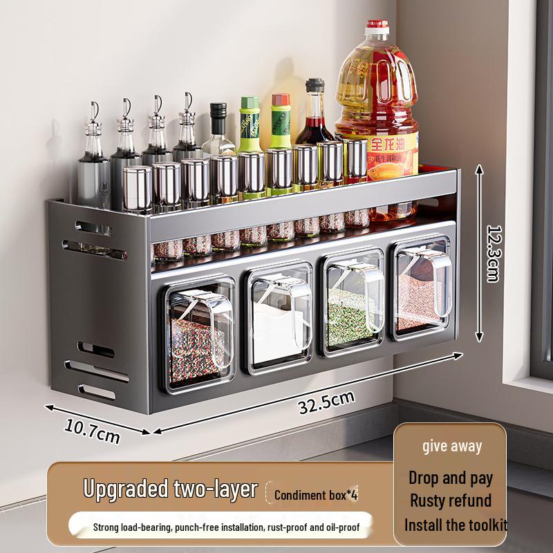 Punch-Free Wall-Mounted Kitchen Seasoning Rack with Jars and Condiment Set