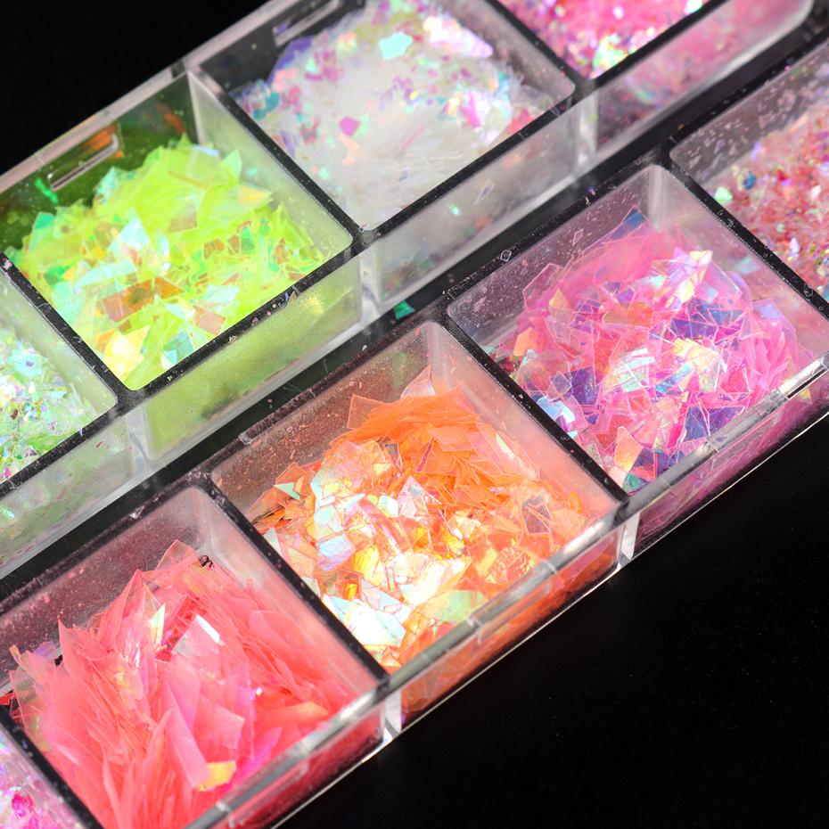 12 Grids Aurora Chameleon Nail Glitter Flakes Irregular Crystal Glass Sequins Powder Shiny Mermaid Paillette Nail Art Decoration