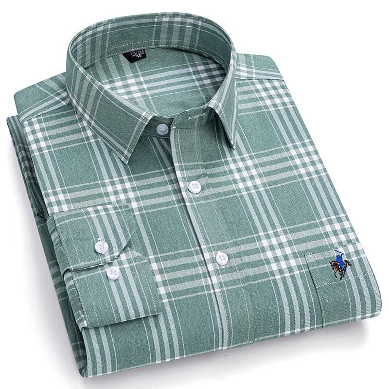 Pure Cotton Plaid Shirts for Men Logo Long Sleeve Quality Formal Business Man Shirt