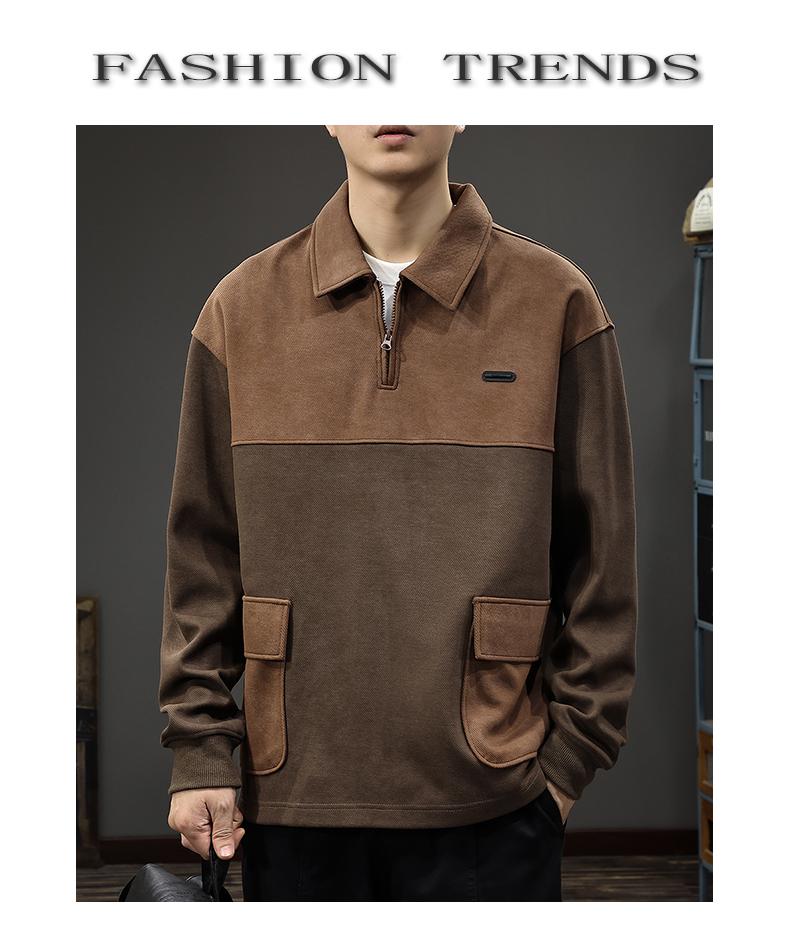 Men's Autumn Retro Lapel Hoodie - Trendy Loose-Fit Casual Knit Top, Long Sleeve Polo Style.