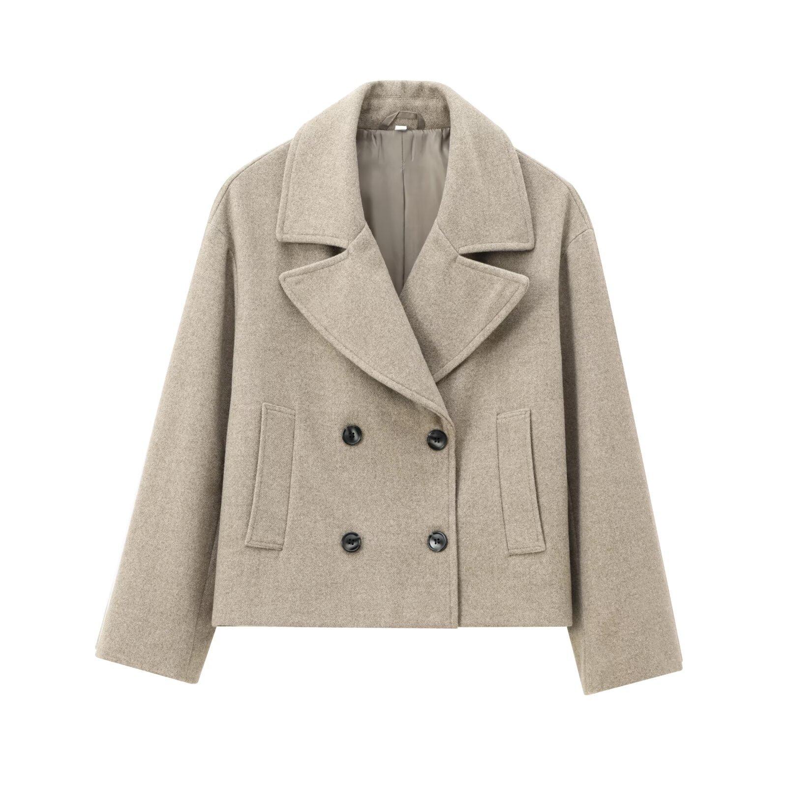 

Осенняя новая женская одежда, европейский и американский французский дизайн, модное короткое шерстяное пальто с двубортной застежкой L хаки